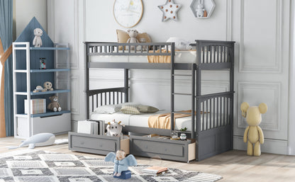 Convertible Gray Twin over Twin Bunk Bed with Drawers