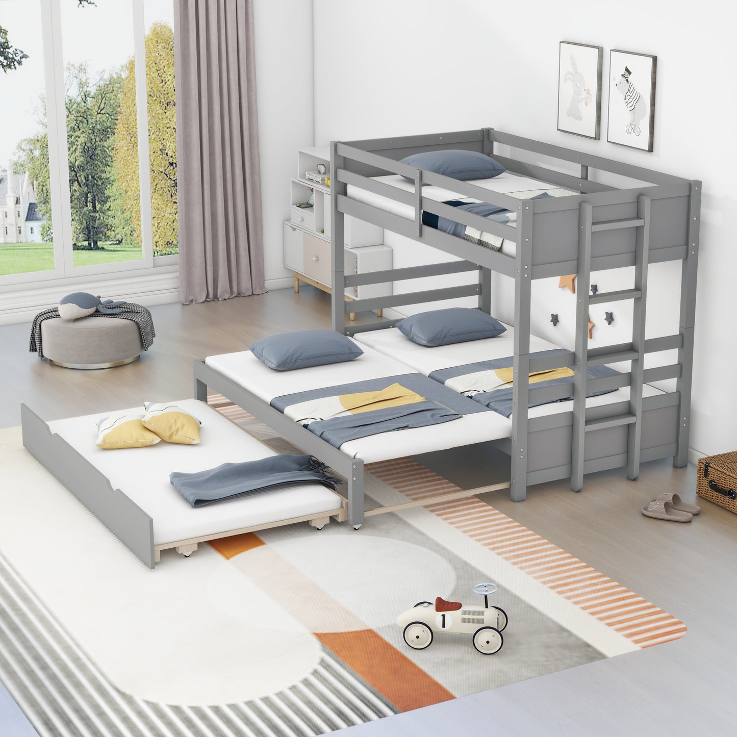 Gray Twin over Pull-out Bunk Bed with Trundle