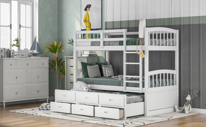 White Twin over Twin Wood Bunk Bed with Trundle and Drawers