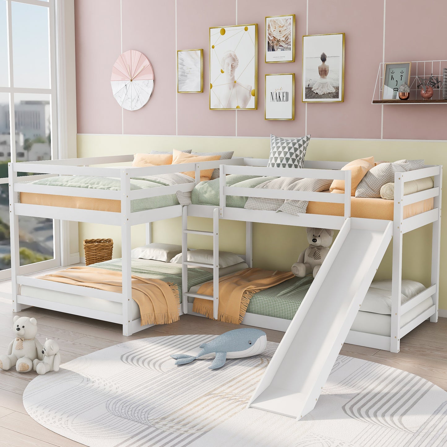 L-Shaped White Full and Twin Bunk Bed