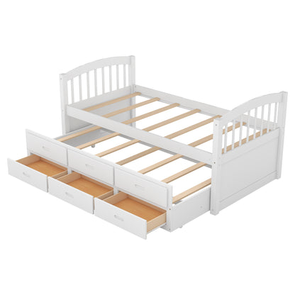 White Twin over Twin Wood Bunk Bed with Trundle and Drawers