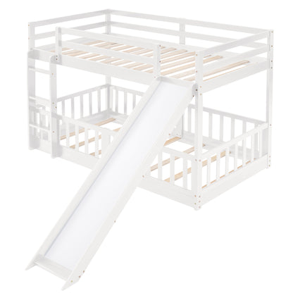 White Wood Twin Over Twin Bunk Bed with Slide and Ladder