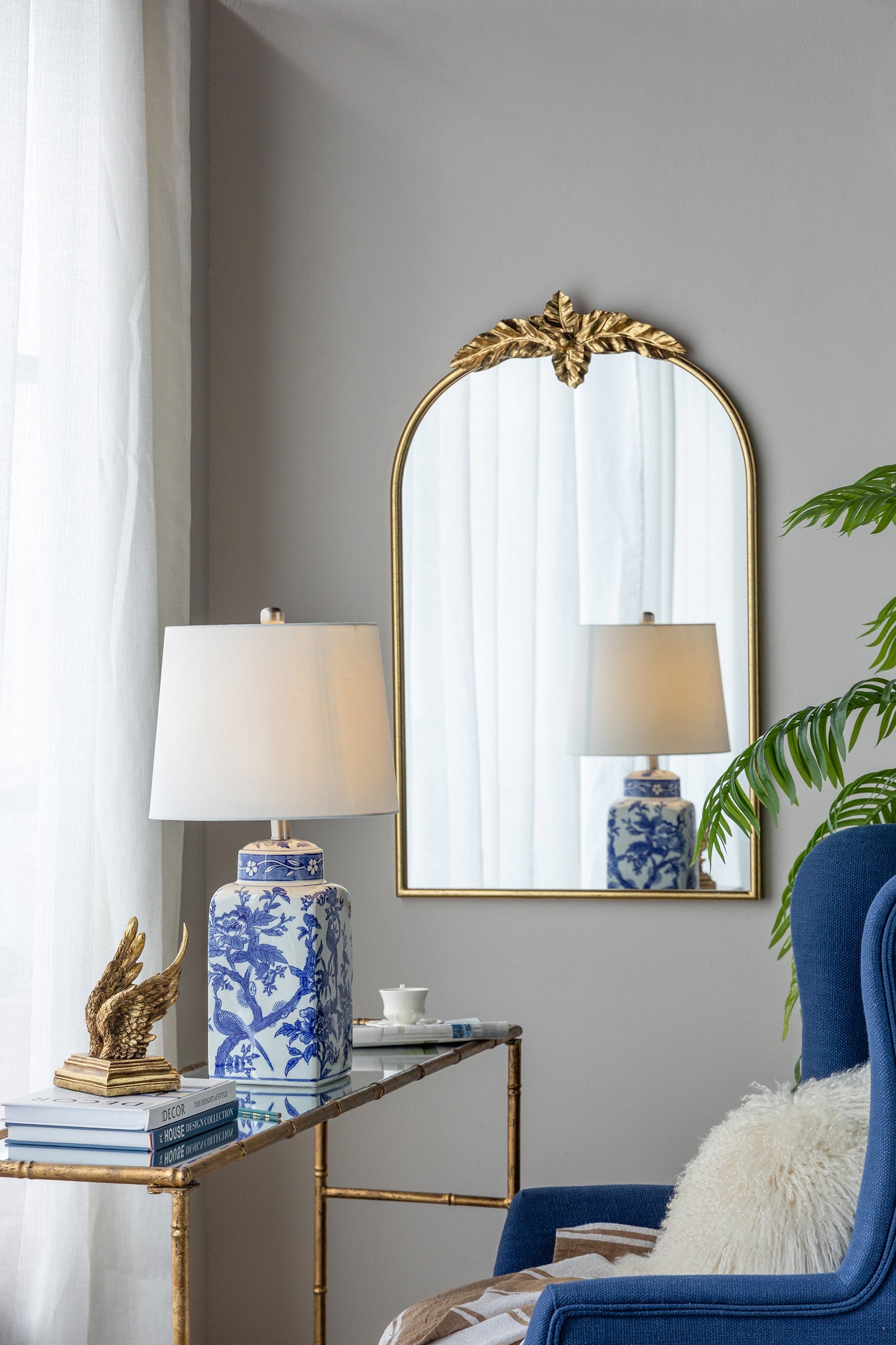 Arched Wall Mirror with Gold Metal Leaf Frame