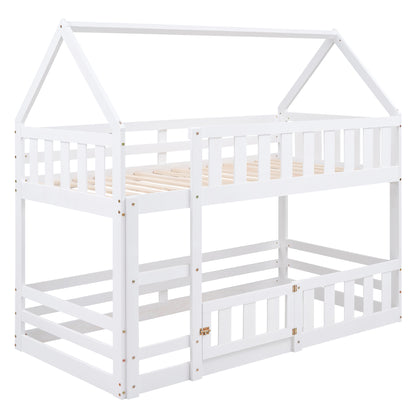 White Twin over Twin House Bunk Bed with Fence and Door