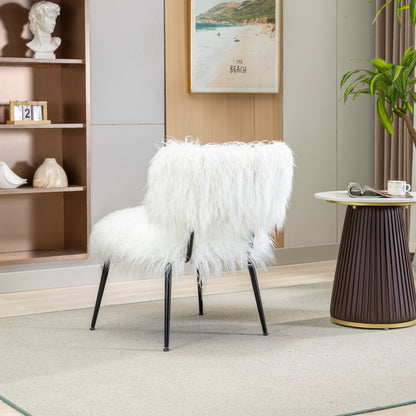 Megan Ivory Faux Fur Plush Accent Chair with Ottoman