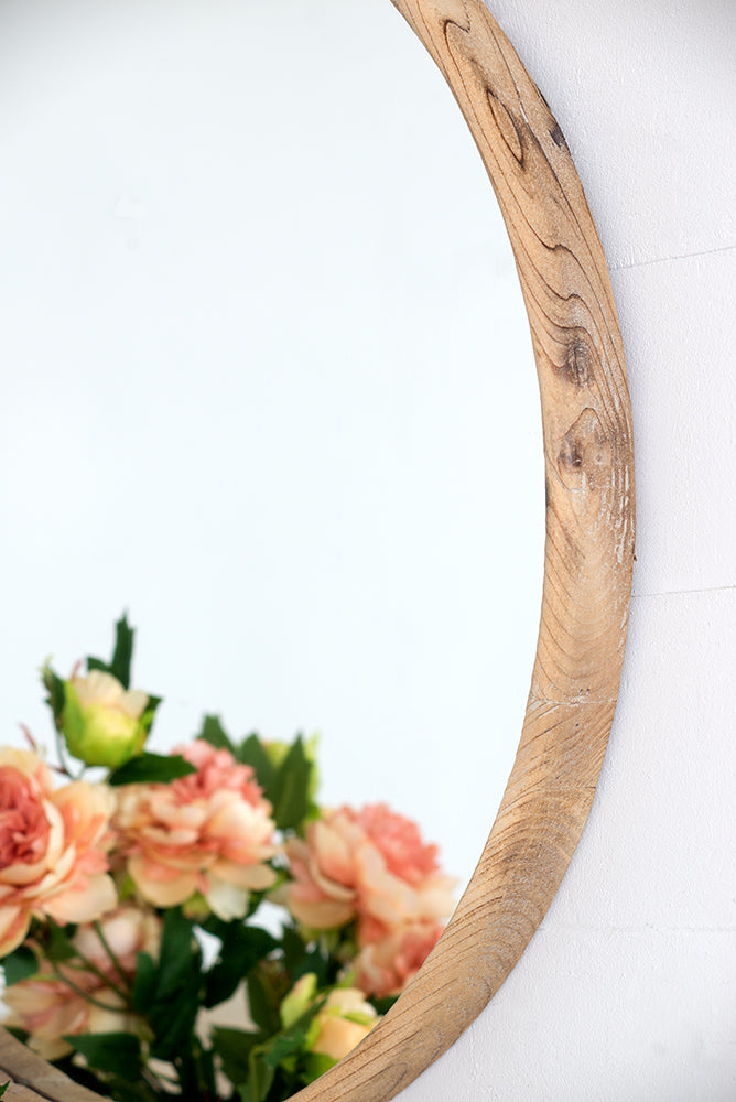 28" Round Brown Wood Mirror