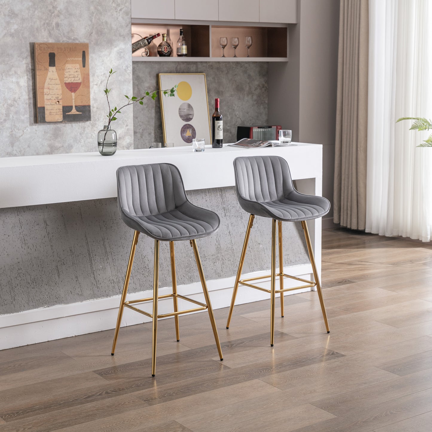 30" Set of 2 Bar Stools (gray/gold)