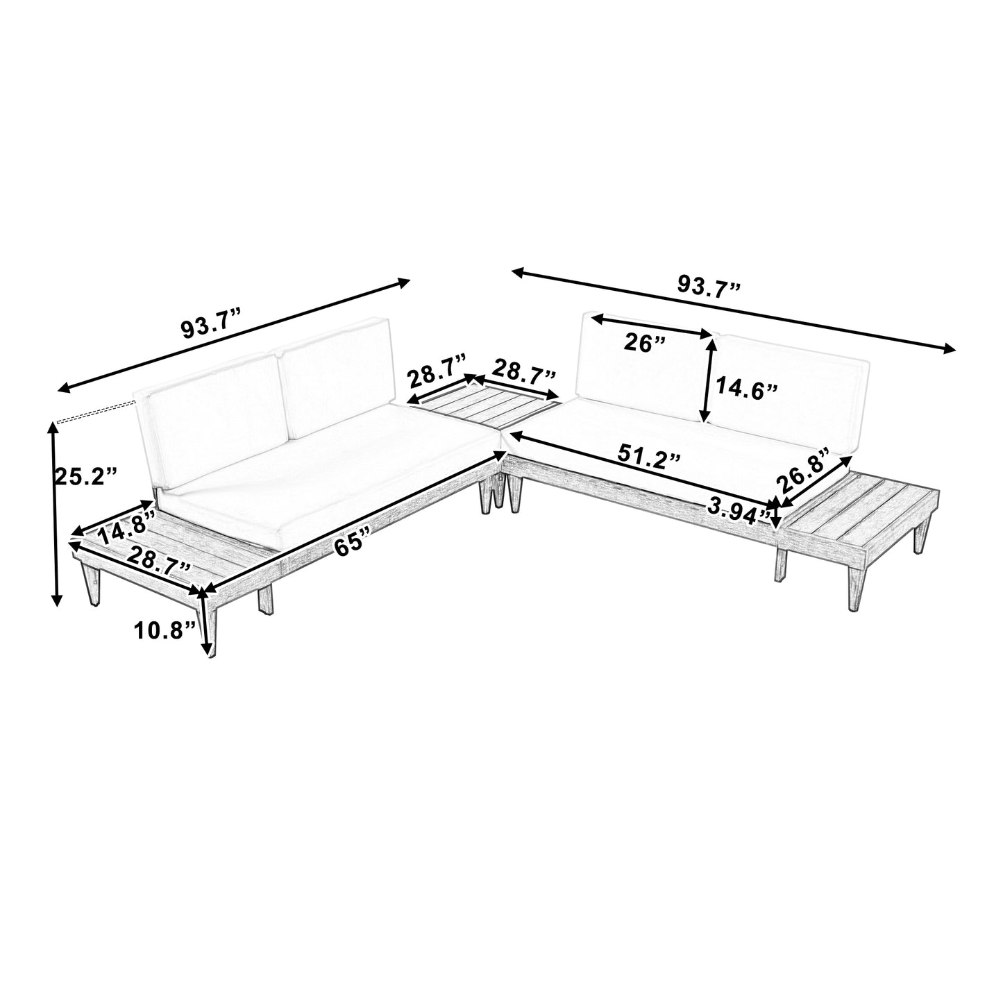 Outdoor 3-Piece Solid Wood Sectional Sofa Set