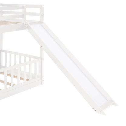 White Wood Twin Over Twin Bunk Bed with Slide and Ladder