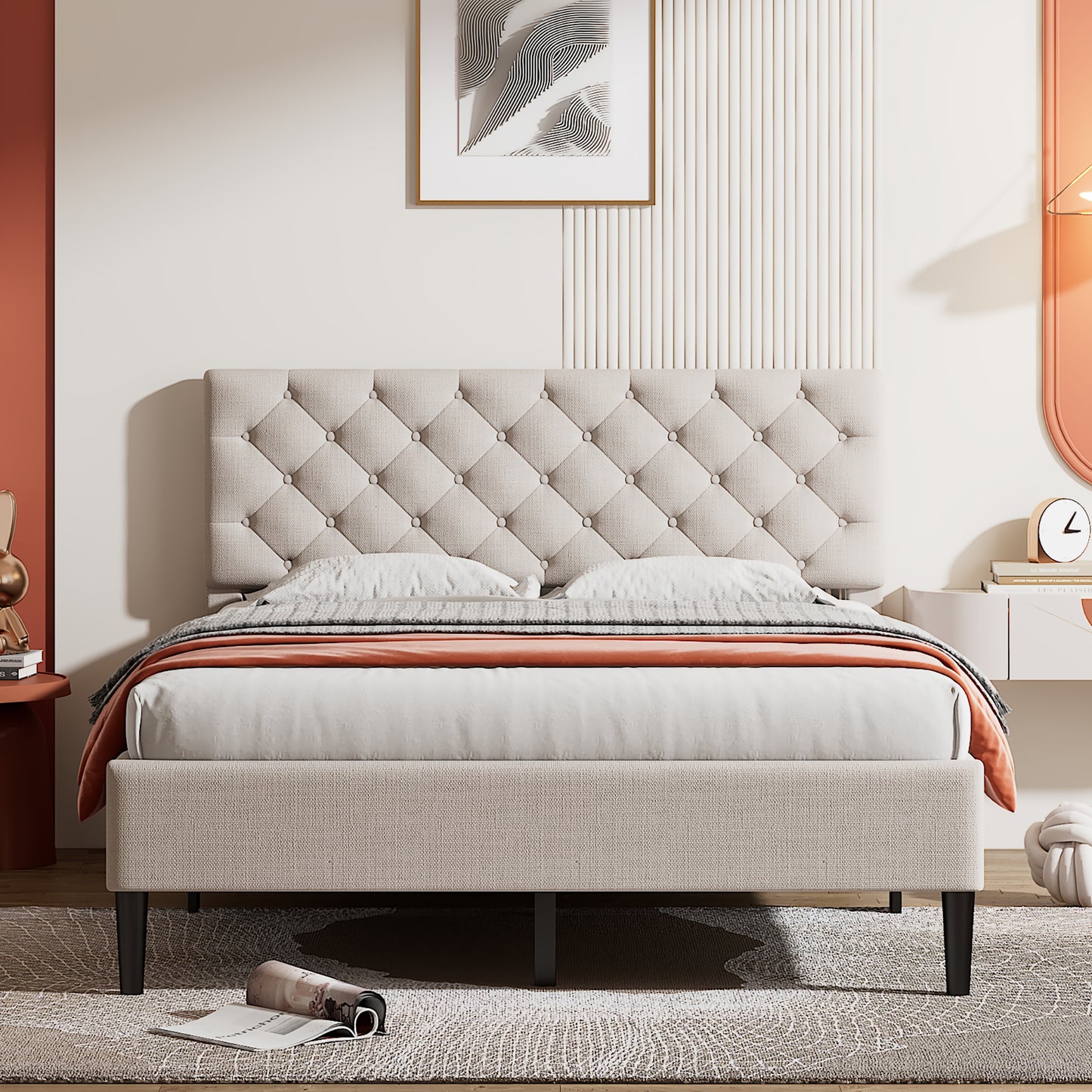 Finn Linen Platform Full Bed (beige)