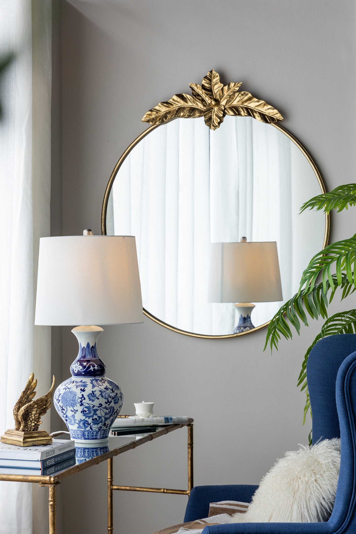 Large Round Wall Mirror with Gold Metal Leaf Frame