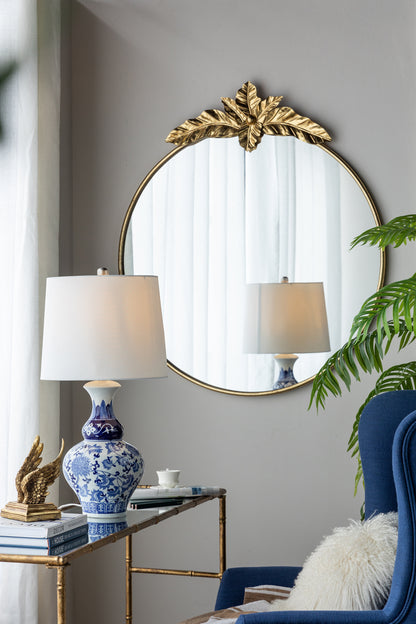 Large Round Wall Mirror with Gold Metal Leaf Frame