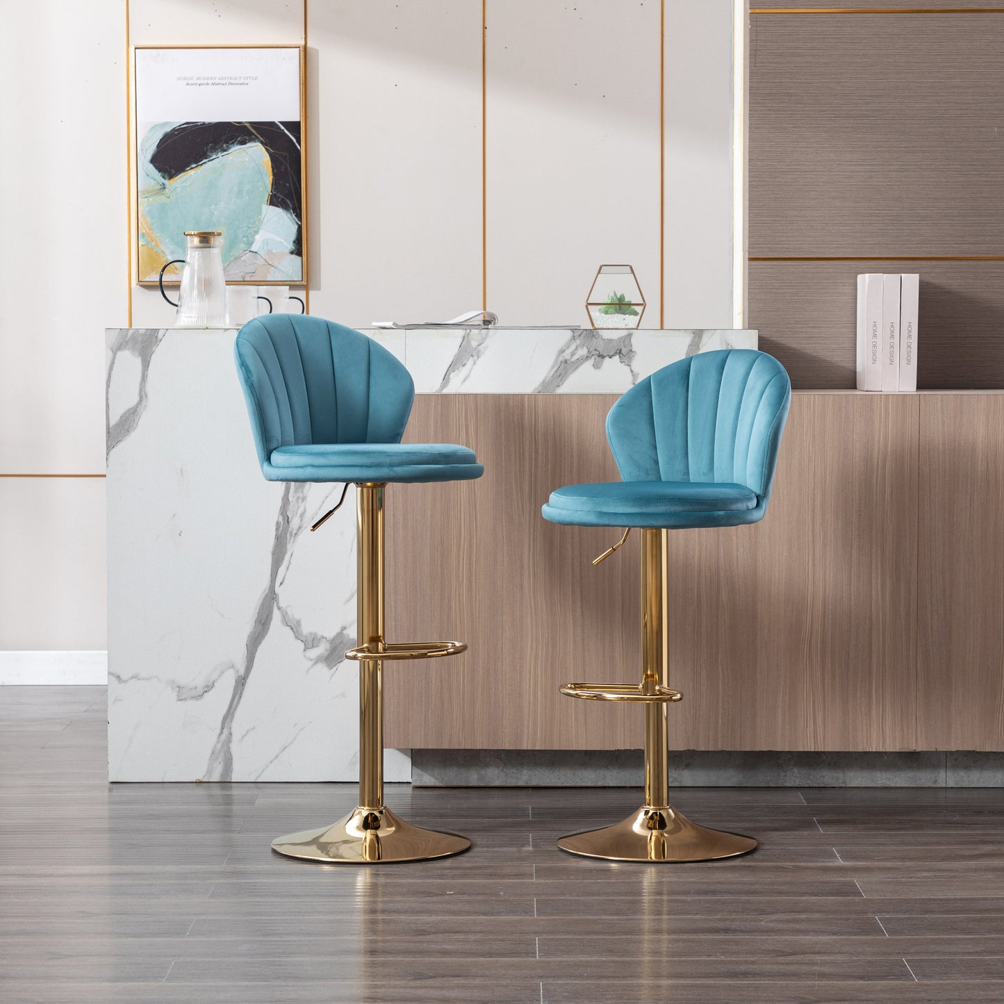 Shell Adjustable Bar Stool Set of 2  (light blue/gold)