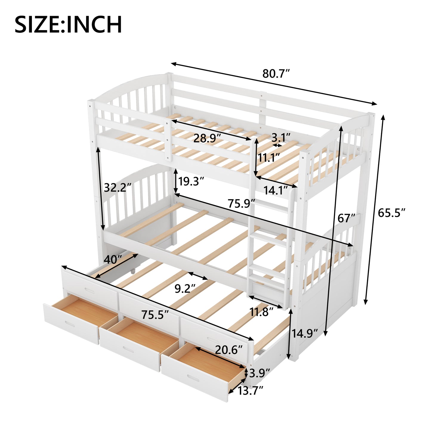 White Twin over Twin Wood Bunk Bed with Trundle and Drawers