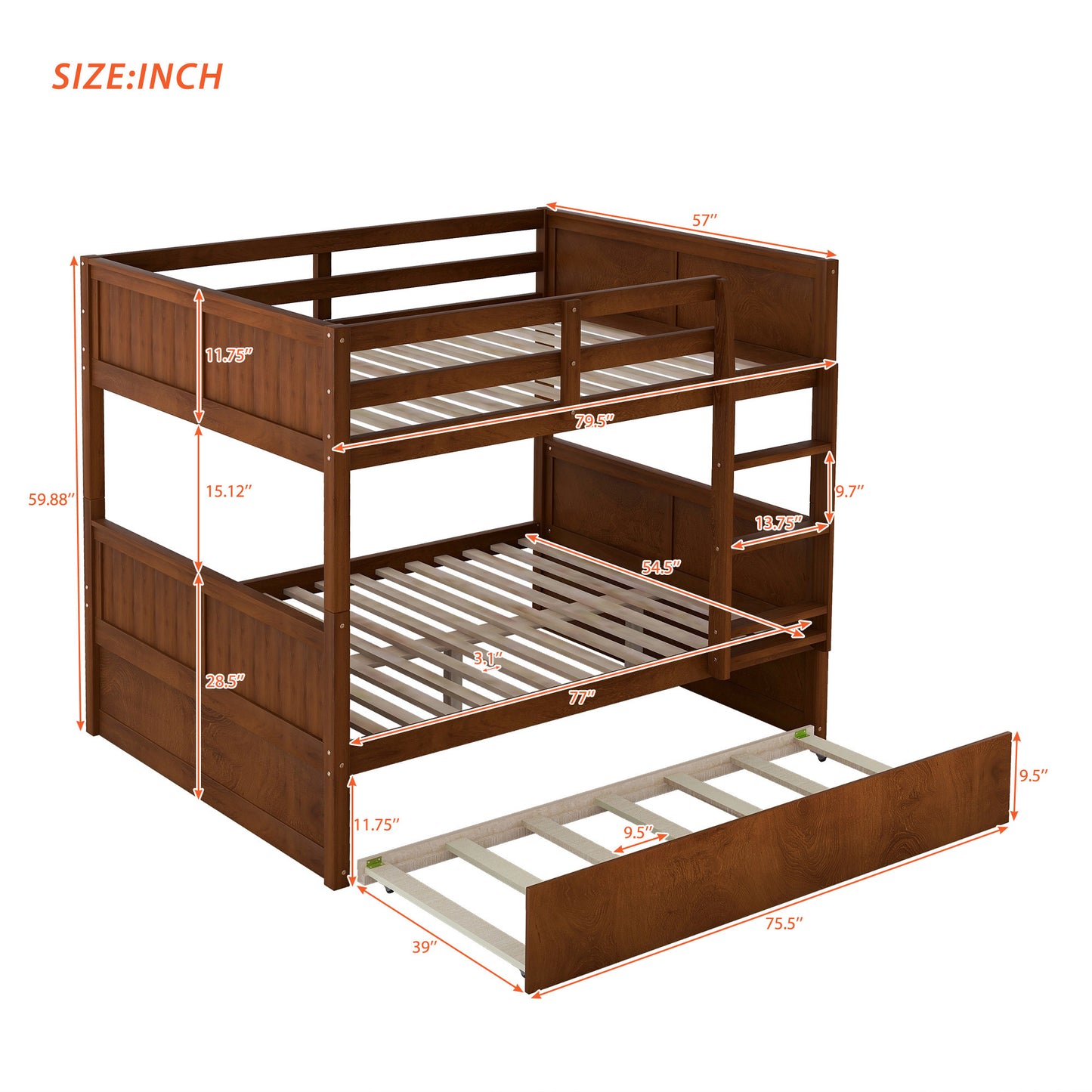 Walnut Full Over Full Bunk Bed with Twin Size Trundle