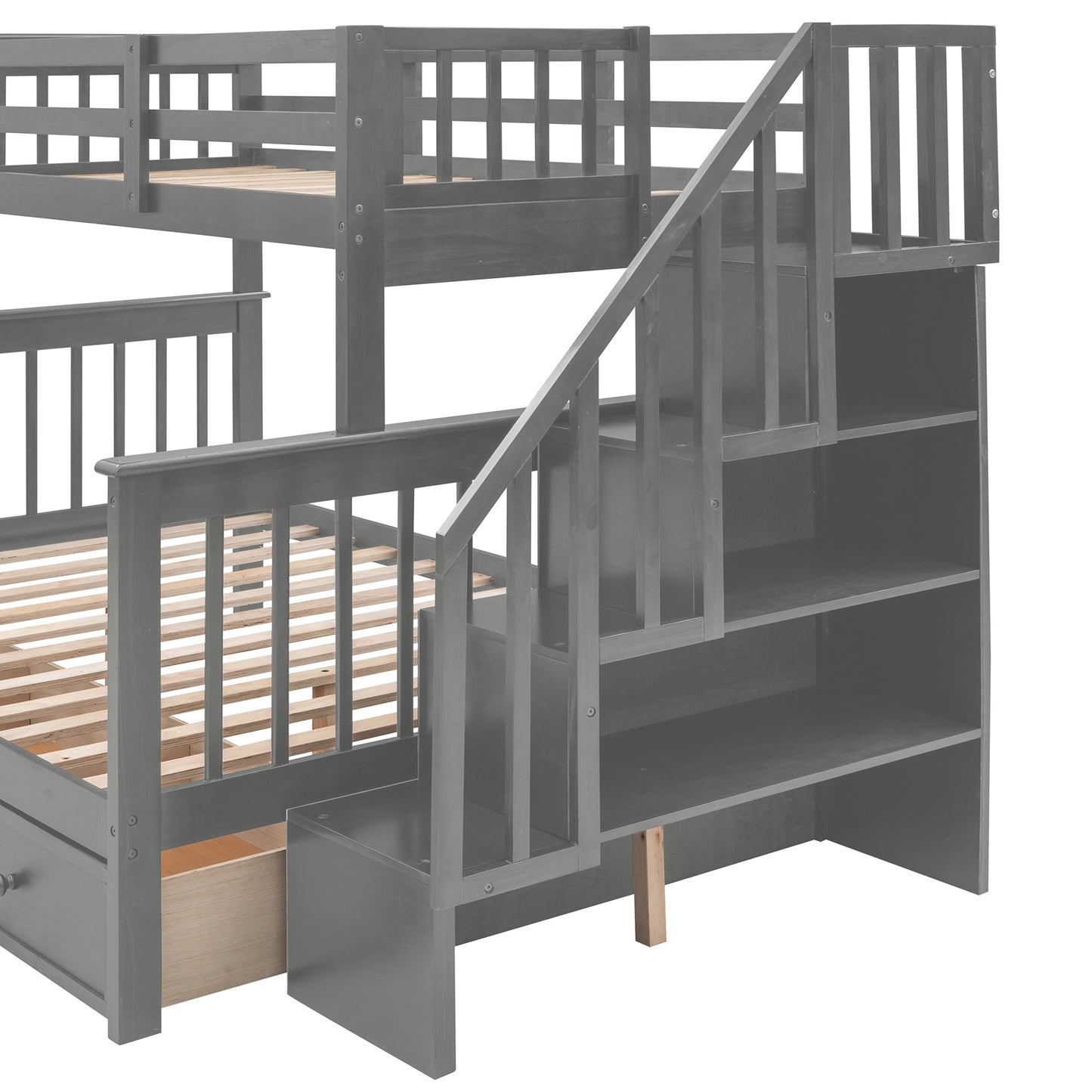 Stairway Gray Twin-Over-Full Bunk Bed with Drawer