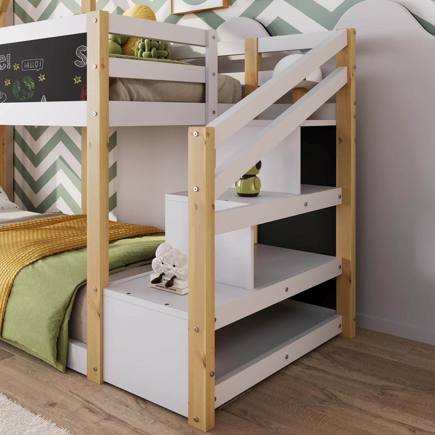 Twin over Twin House Bunk Bed with White Storage Staircase and Blackboard