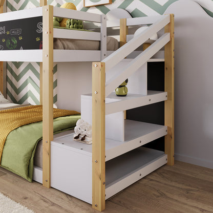 Twin over Twin House Bunk Bed with White Storage Staircase and Blackboard