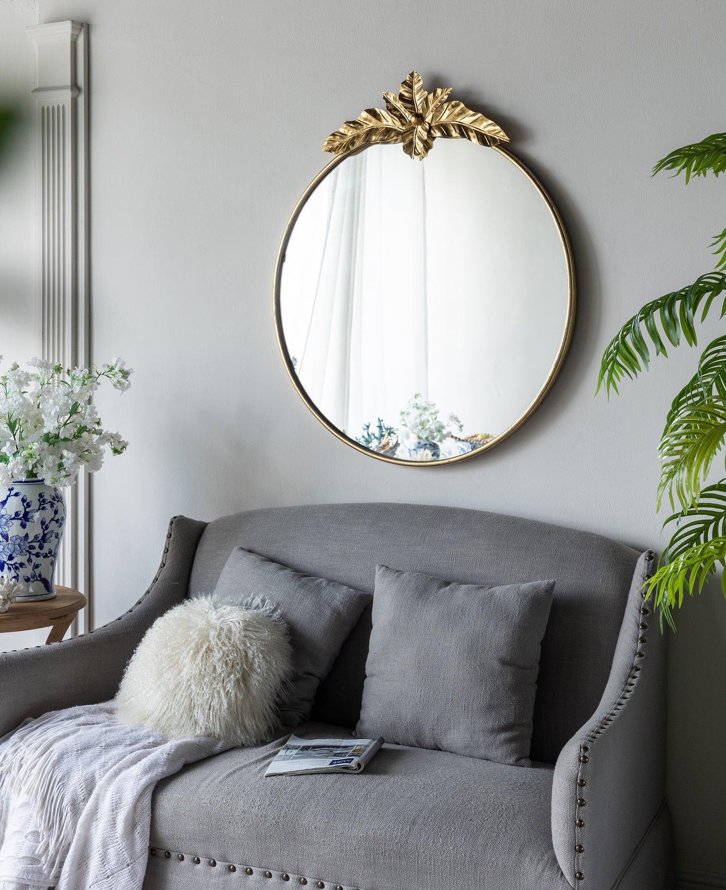 Large Round Wall Mirror with Gold Metal Leaf Frame