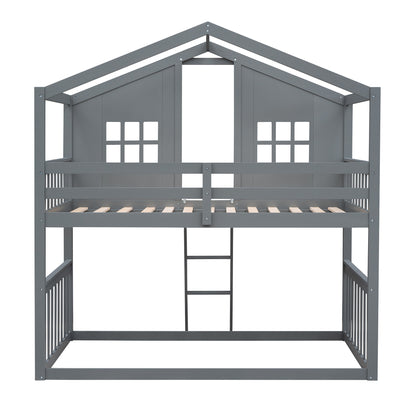 Gray House Twin Over Twin House Bunk Bed With Ladder