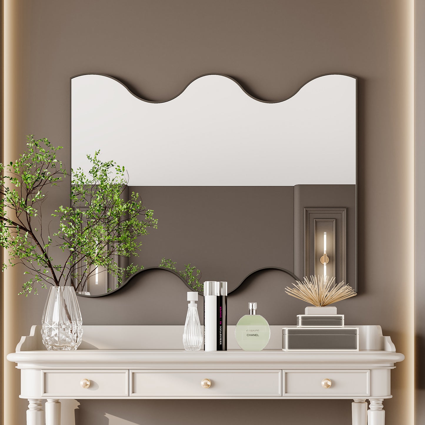 Wall Mirror 30x35 Inch Black Rectangular Mirror with 2 Wavy Sides