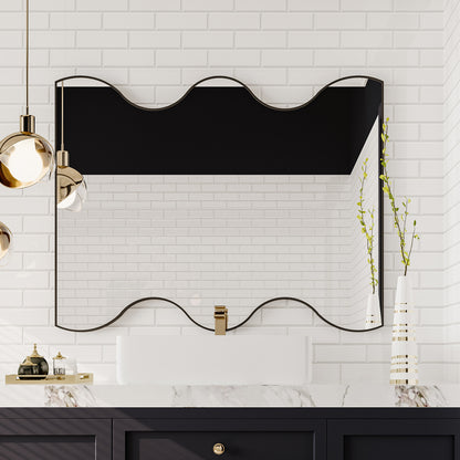 Wall Mirror 30x35 Inch Black Rectangular Mirror with 2 Wavy Sides