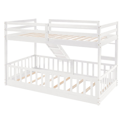 White Wood Twin Over Twin Bunk Bed with Slide and Ladder