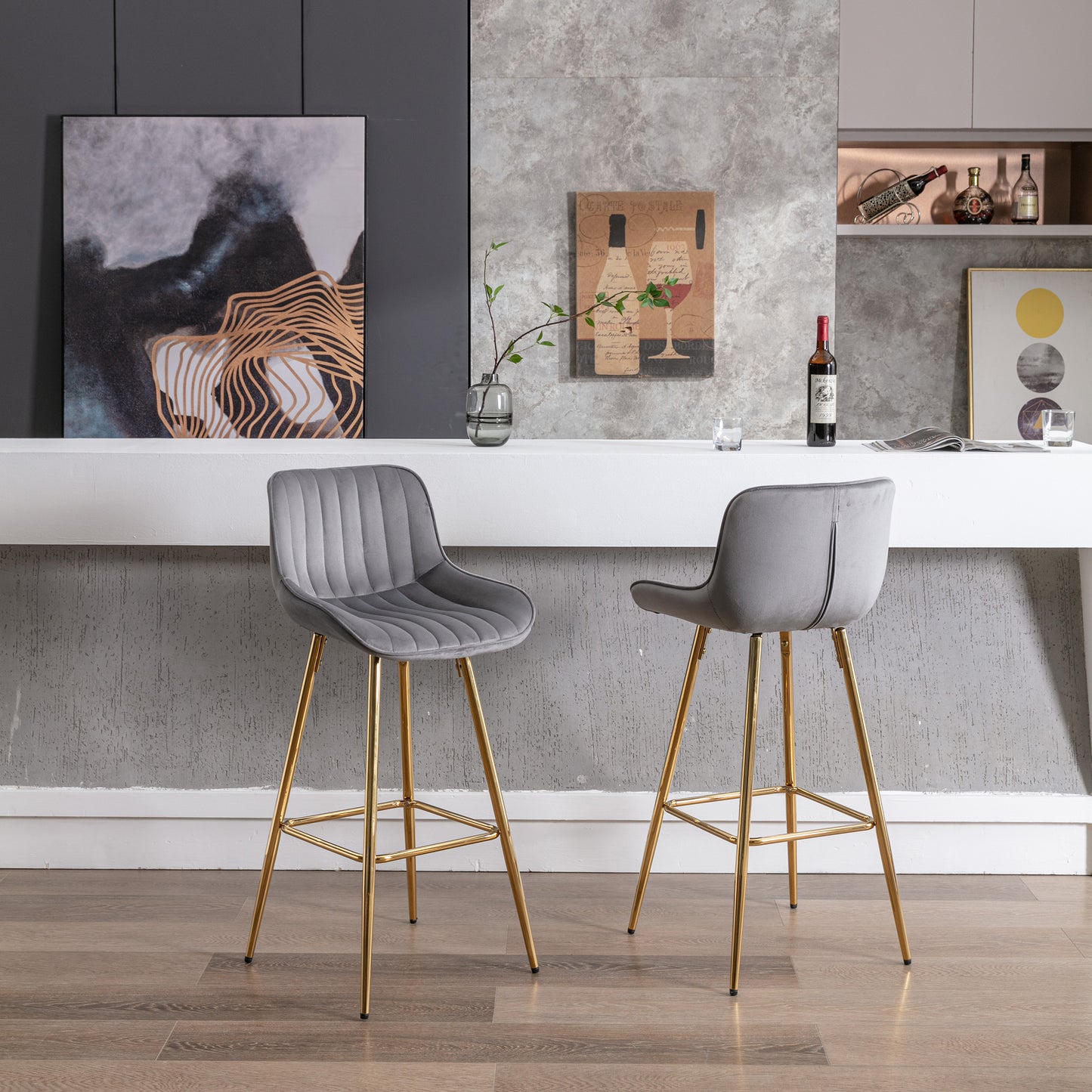 30" Set of 2 Bar Stools (gray/gold)