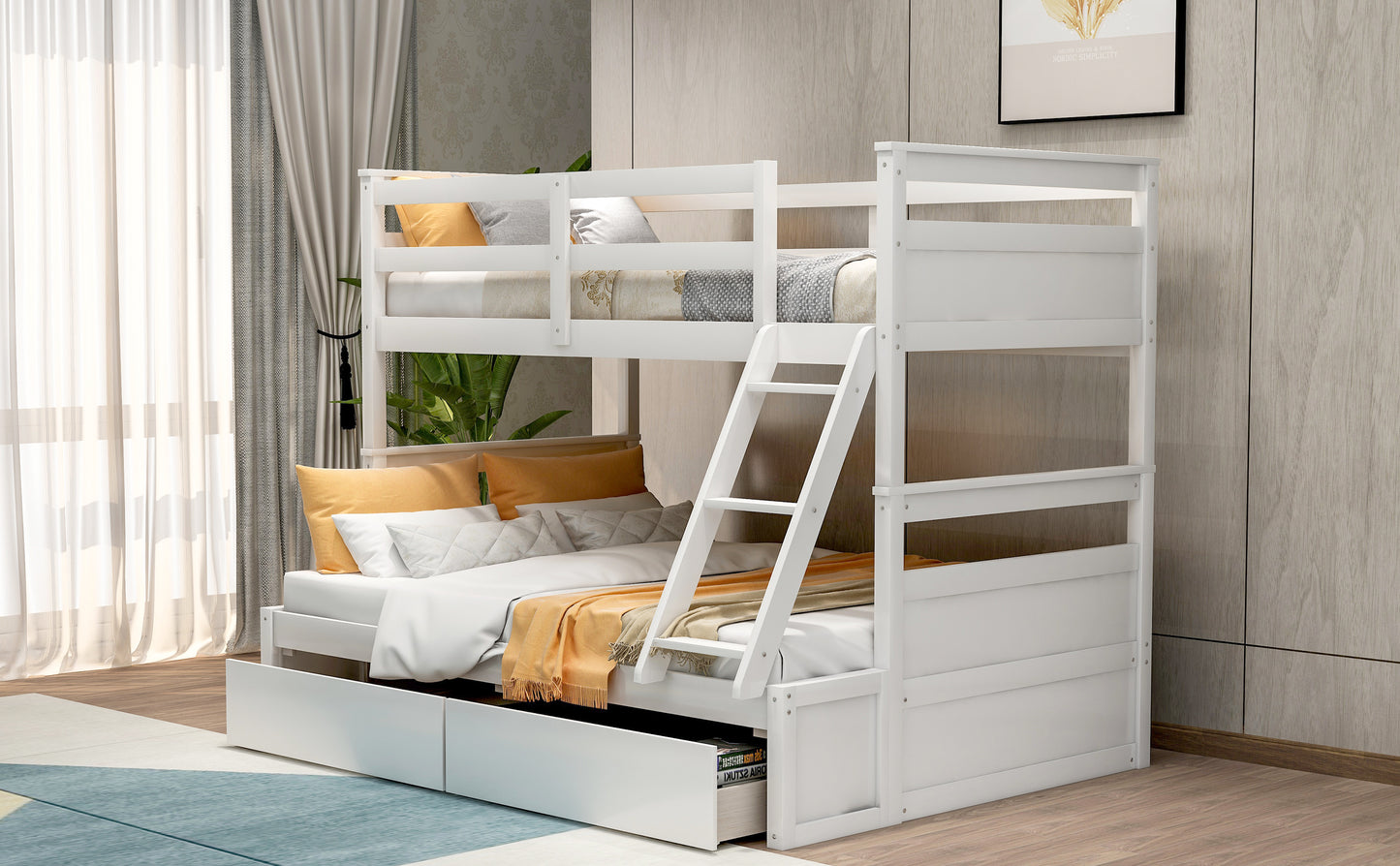 White Twin over Full Bunk Bed with Storage