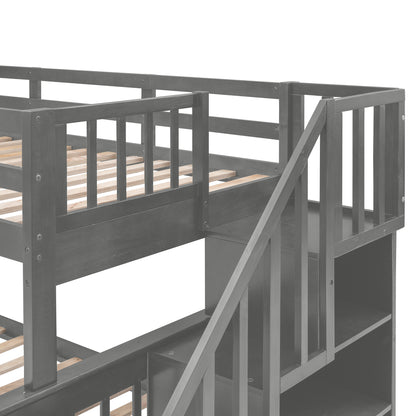 Stairway Gray Twin-Over-Full Bunk Bed with Drawer