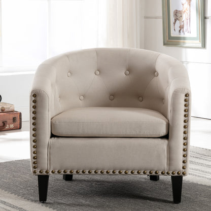 Linen Tan Fabric Tufted Barrel Accent Chair