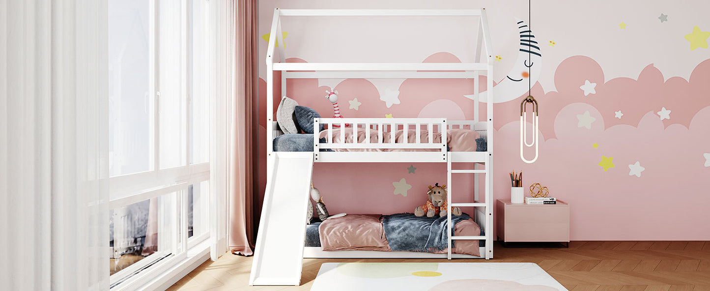 House White Twin Over Twin Bunk Bed with Slide