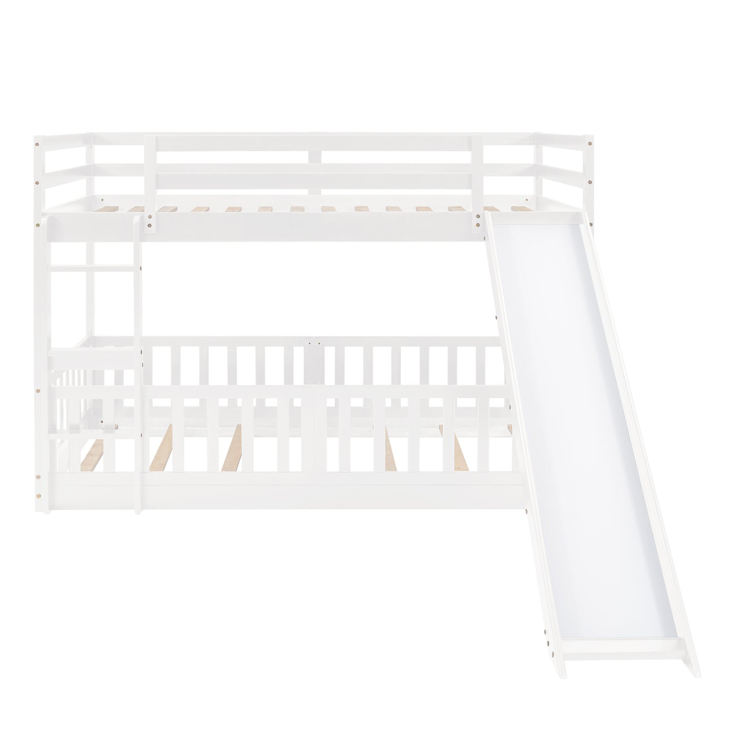 White Wood Twin Over Twin Bunk Bed with Slide and Ladder