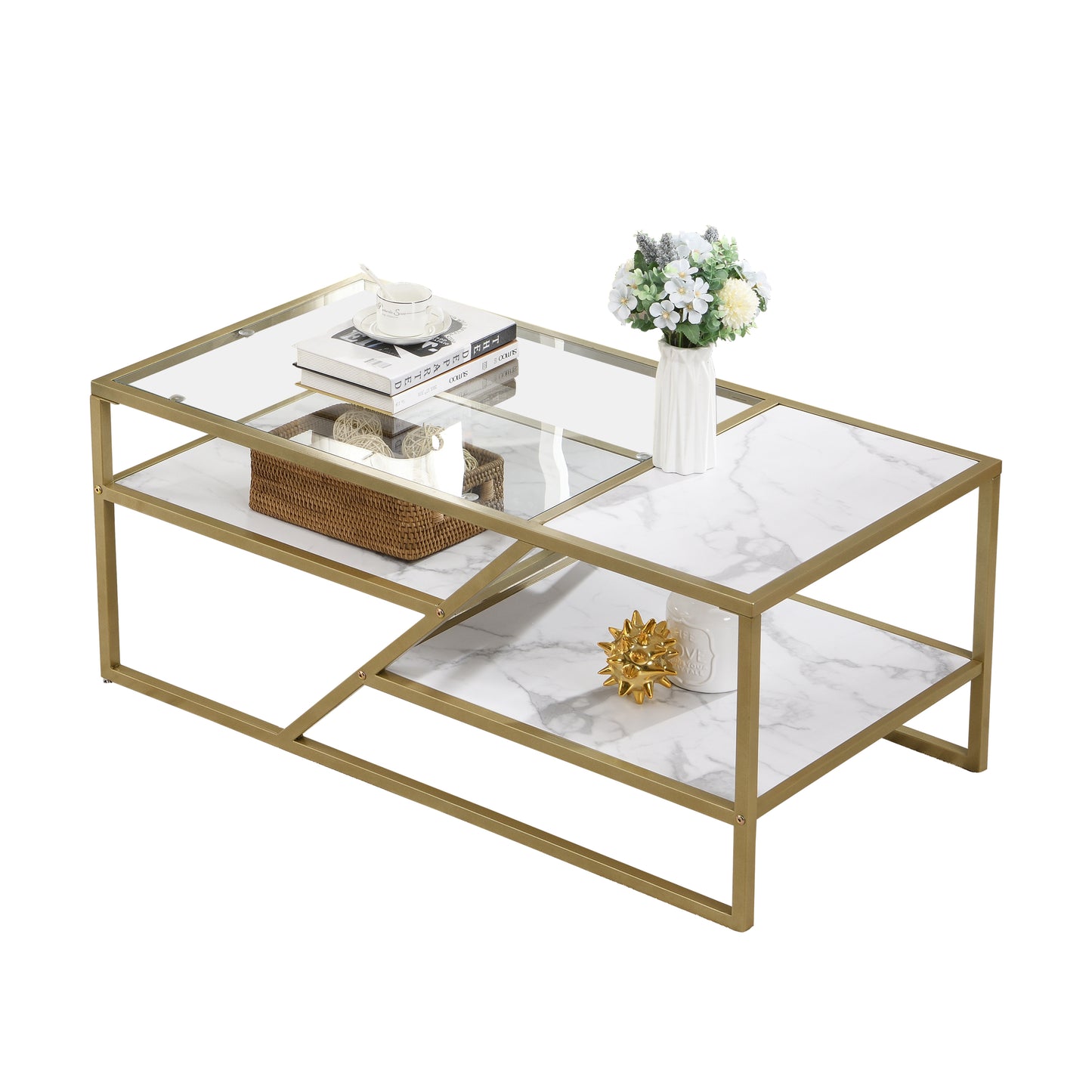 Golden Coffee Table with Storage Shelf