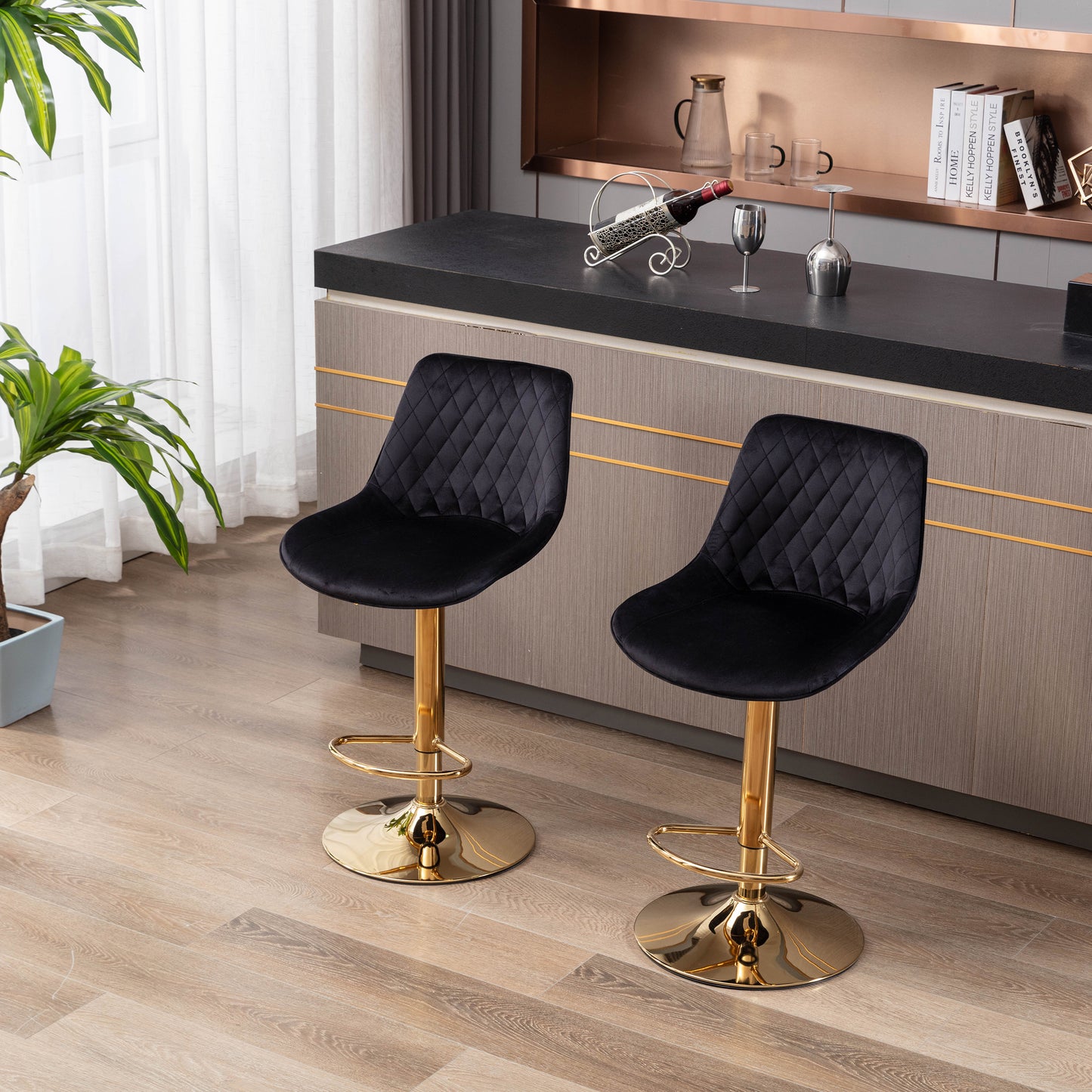 Diamond Adjustable Bar Stool Set of 2 (black/gold)