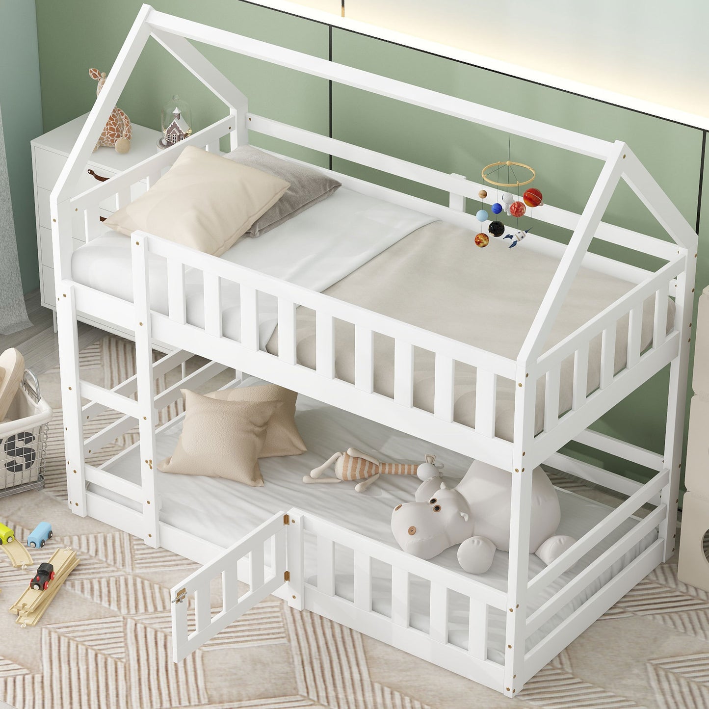 White Twin over Twin House Bunk Bed with Fence and Door