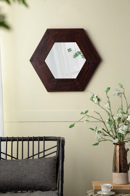 18.5" x 18.5" Hexagon Mirror with Dark Brown Wood Frame