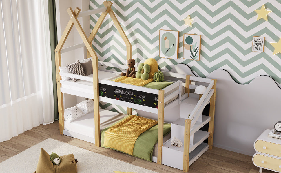 Twin over Twin House Bunk Bed with White Storage Staircase and Blackboard