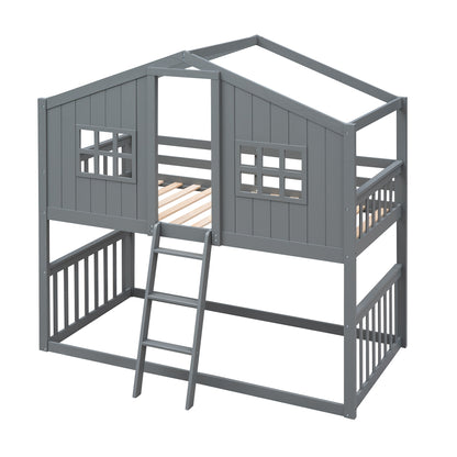 Gray House Twin Over Twin House Bunk Bed With Ladder