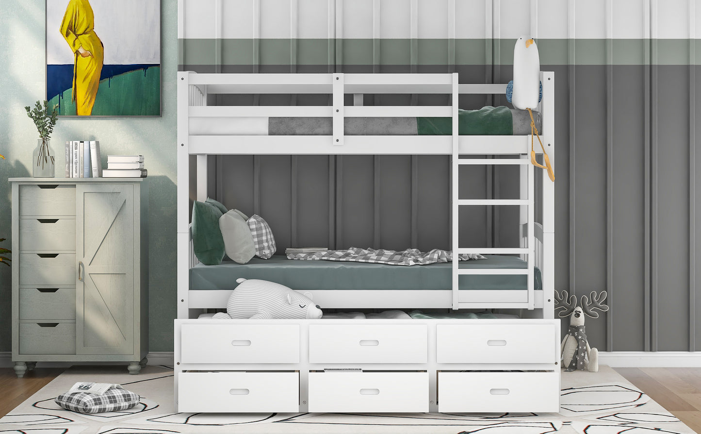 White Twin over Twin Wood Bunk Bed with Trundle and Drawers