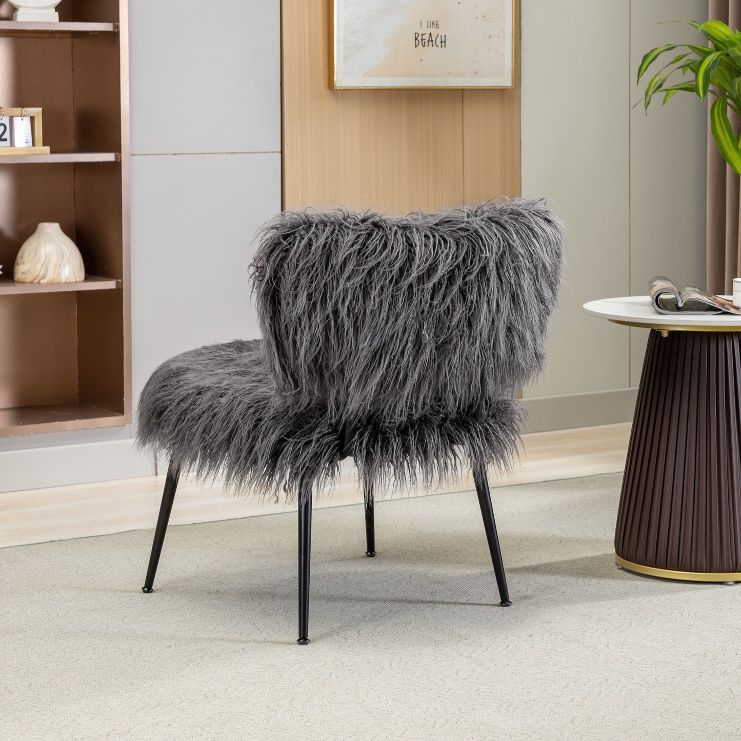 Megan Gray Faux Fur Plush Accent Chair with Ottoman