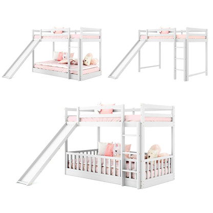 White Wood Twin Over Twin Bunk Bed with Slide and Ladder