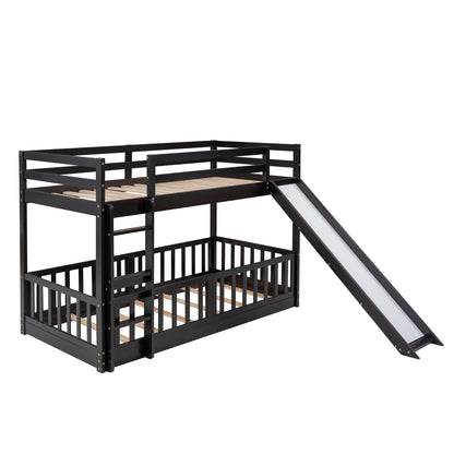 Espresso Wood Twin Over Twin Bunk Bed with Slide and Ladder