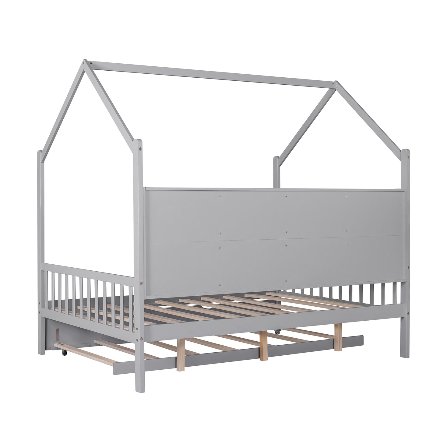 Gray Wooden Full Size House Bed with Trundle,