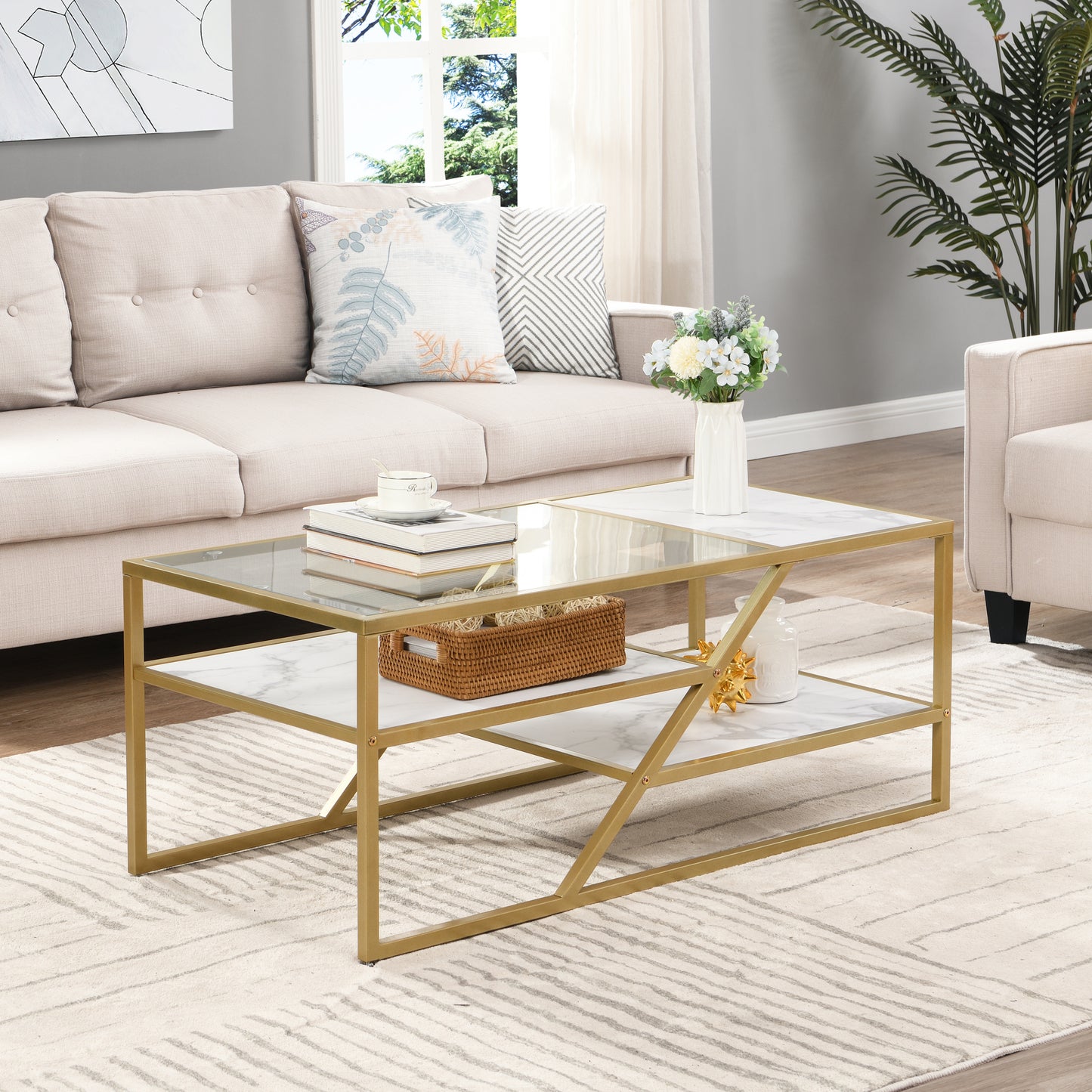 Golden Coffee Table with Storage Shelf