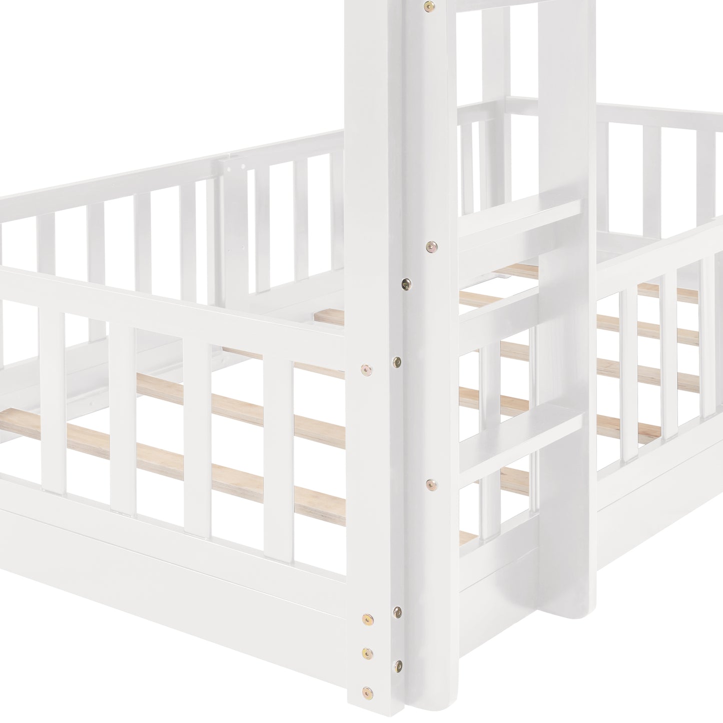 White Wood Twin Over Twin Bunk Bed with Slide and Ladder