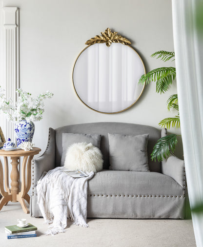 Large Round Wall Mirror with Gold Metal Leaf Frame