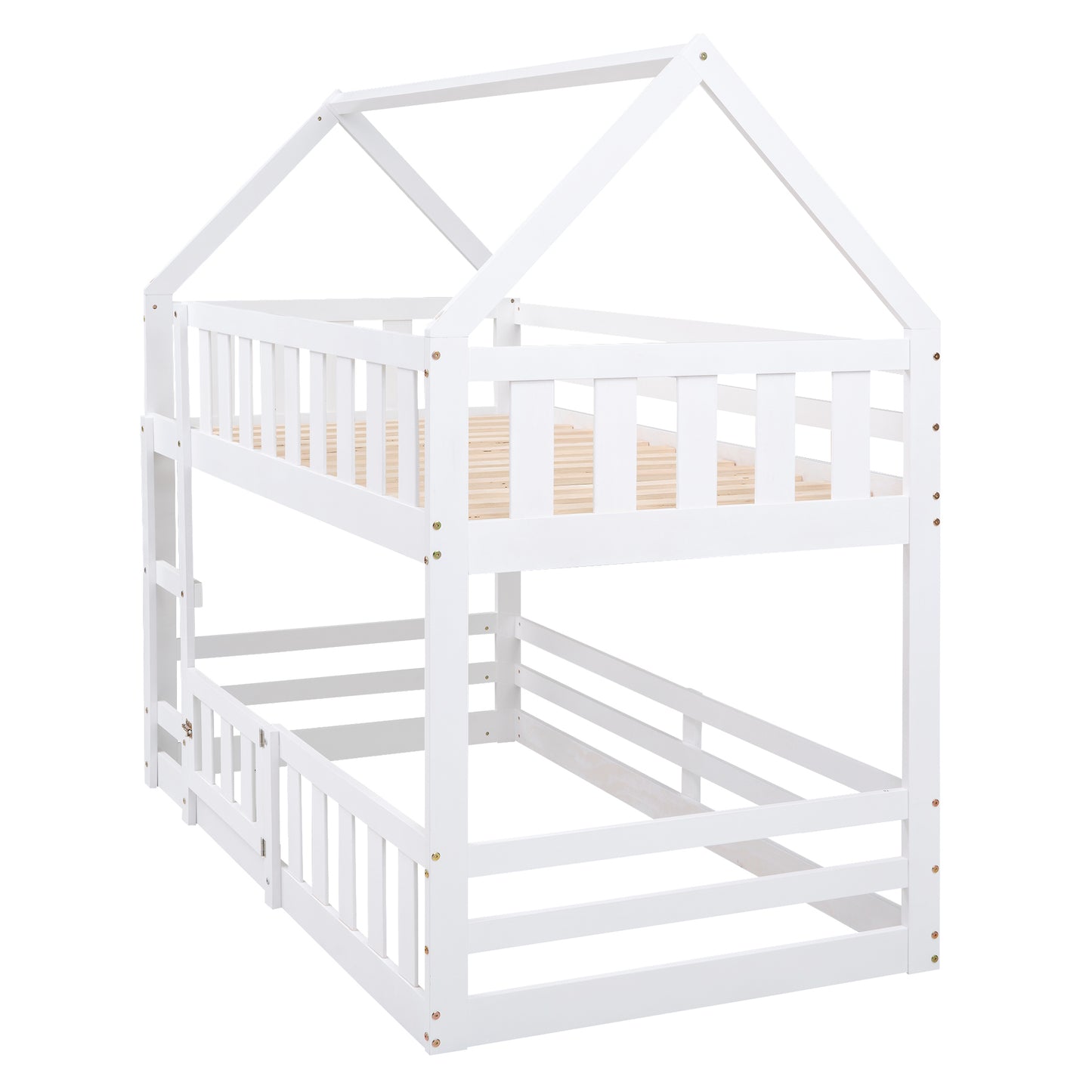 White Twin over Twin House Bunk Bed with Fence and Door