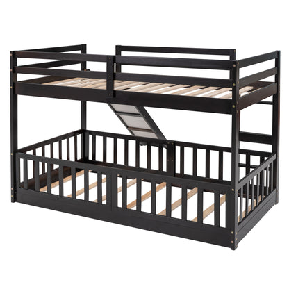 Espresso Wood Twin Over Twin Bunk Bed with Slide and Ladder