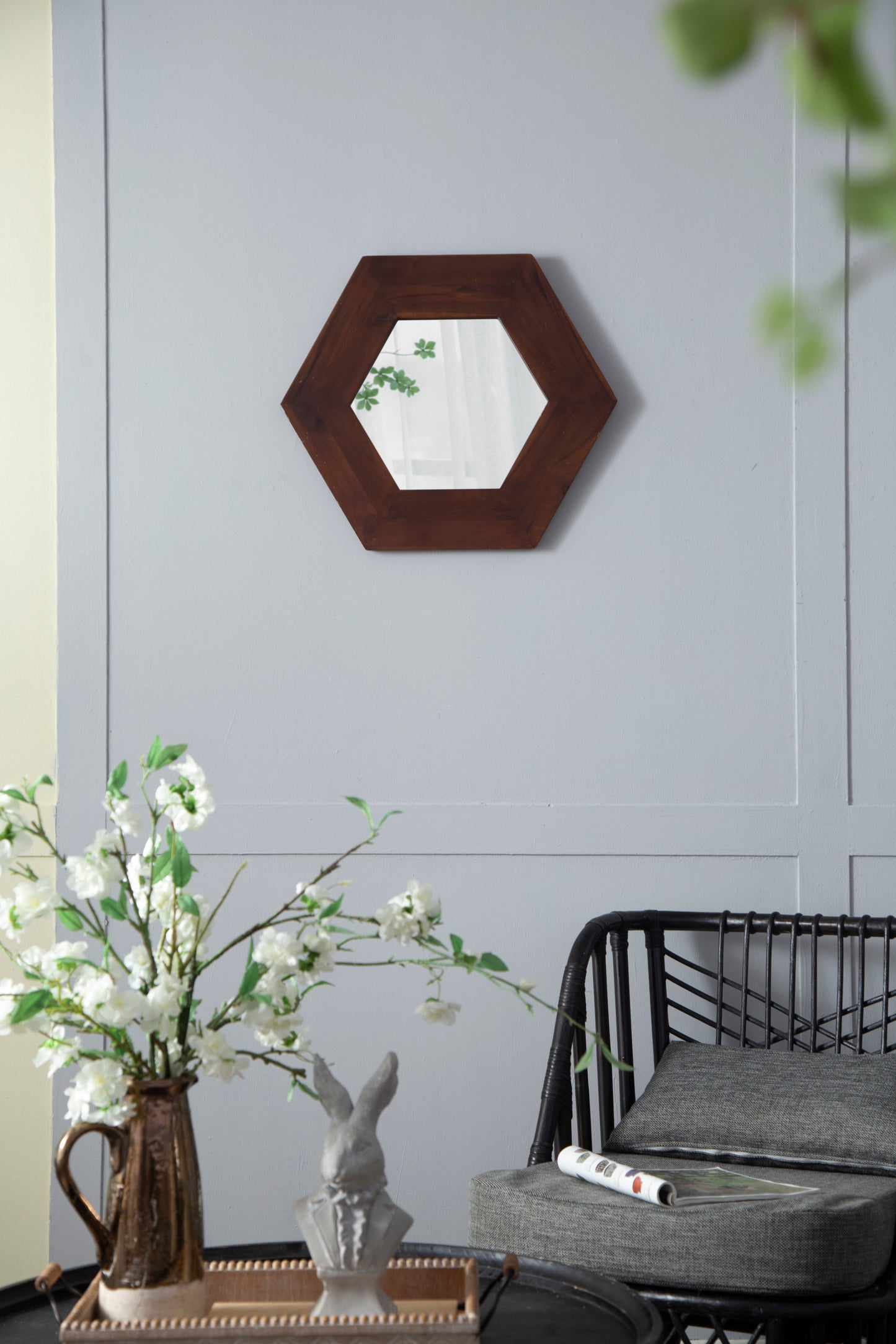 18.5" x 18.5" Hexagon Mirror with Dark Brown Wood Frame